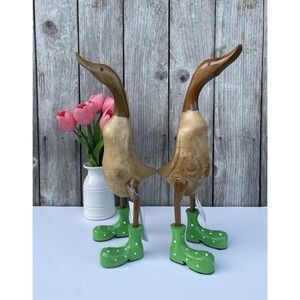 Pair of Hand Carved Wooden Ducks with Green Polka Dot Boots Farmhouse Decor Set